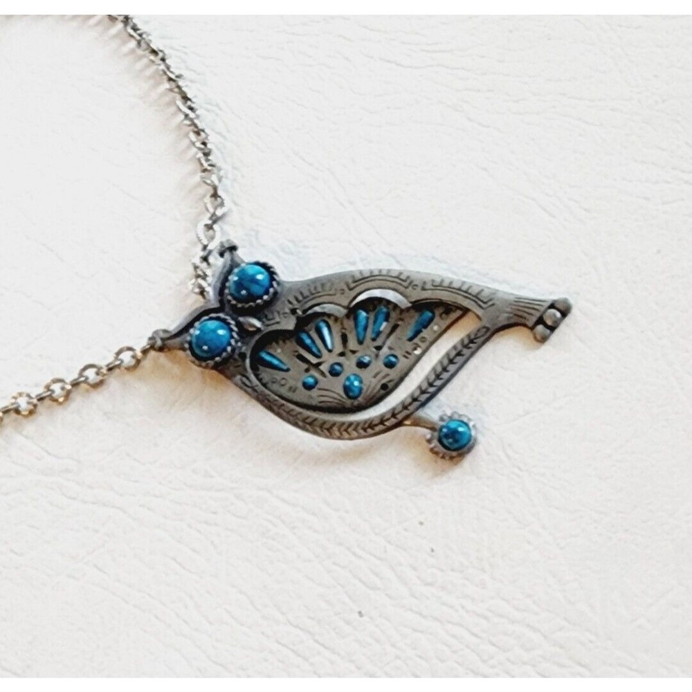 PEWTER  GOLD CROWN INC. OWL NECKLACE WITH FAUX TURQUOISE BLUE PENDANT - Picture 4 of 8